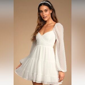 Lulus Longing And Love White Swiss Dot Puff Long Sleeve Mini Dress